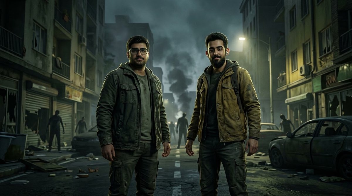 Amir and Jefi standing side by side on a ruined street, survivor-file portrait.